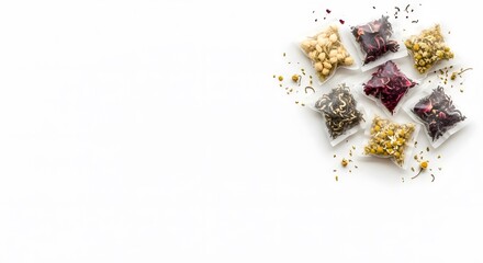Variety of dried fruits and nuts in small bags on white background