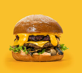 Burger loaded with Beef Patty, Mushrooms, Melting Cheese Drip and Red Topping on Yellow Background — Gourmet Premium Style