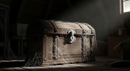 A cobweb-shrouded chest in a Victorian style, with a tarnished silver clasp, in a dusty attic with a single beam of moonlight illuminating