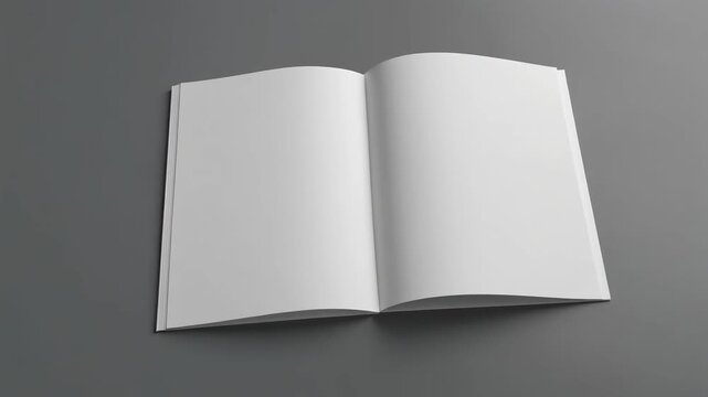 Open blank softcover book with white pages lays flat on a gray background providing layout design template mockup.