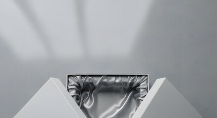 Minimalist silver gift box with abstract shadows on a white background