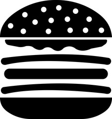 Burger fast food icon in black flat style featuring sandwich, hamburger, cheeseburger, snack, meal, cuisine, deli, and food related synonym elements for restaurant branding and menu design