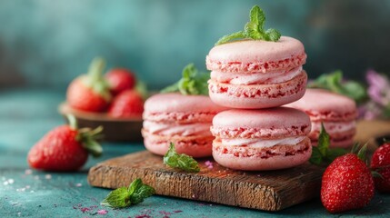 Delicious pink macarons stacked on a rustic wooden board with fresh strawberries and mint leaves on a turquoise background