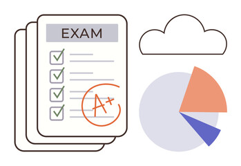 Exam papers with checklist and A grade, colorful pie chart, and cloud. Ideal for education, success, achievement, analytics, progress tracking exams learning. Simple flat metaphor