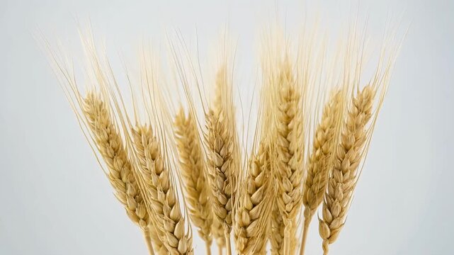 Close up of a bundle of golden wheat stalks, arranged against a clean white backdrop, showcasing the grain and texture of agricultural harvest.
