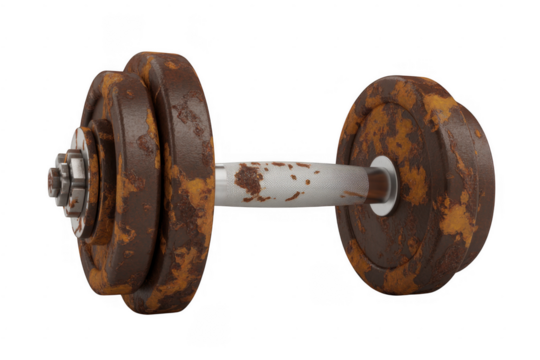 Rusty dumbbell with textured grip and weight plates isolated on a transparent background