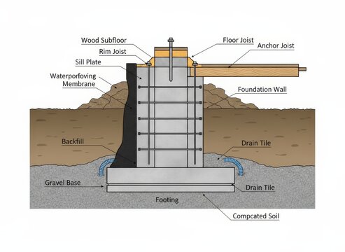 Foundation Wall Construction Detail: Footing, Waterproofing, and Framing Elements Diagram Explained