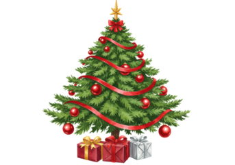 watercolor illustration of a lush green fir christmas tree adorned with glossy red balls, velvet ribbon, and wrapped presents, isolated on a stark white background. concept of refined festive holiday