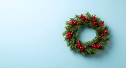 Festive holiday wreath with red berries on a light blue background
