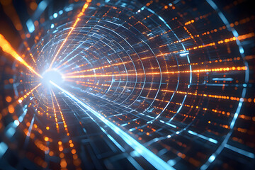 Futuristic Data Speed Tunnel with Blue and Orange Light Grid
