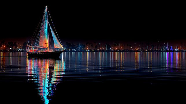 Colorful Nighttime Newport Beach Christmas Boat Parade Sailboat Glowing Over Dark Water with Vibrant Holiday Reflections
