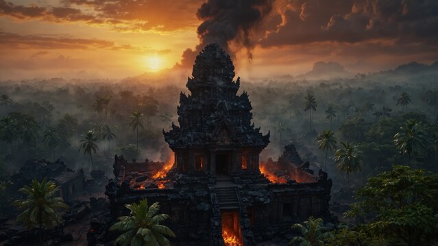 AI-generated concept art of a temple in the middle of a jungle at sunset