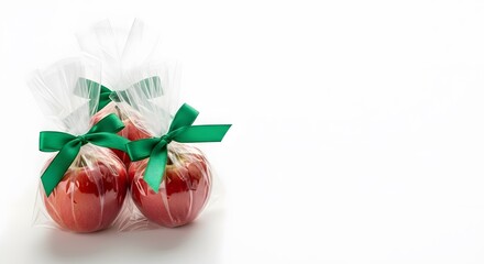 Two caramel apples wrapped with green ribbons on a white background