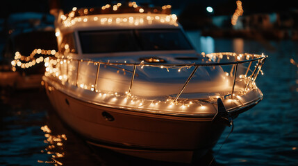Festive Motorboat Decorated with String Lights at Newport Beach Christmas Boat Parade