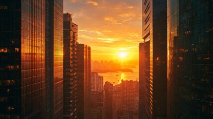 Stunning urban sunset over skyscrapers with vibrant colors reflecting on glass buildings, creating a breathtaking city skyline during golden hour.