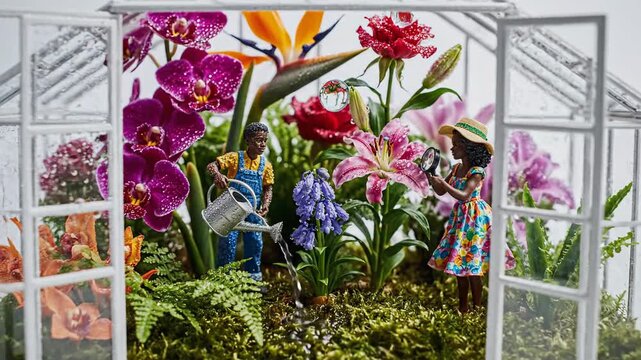 Two figurine children tend a vibrant flower garden inside a miniature greenhouse, one watering and one examining flora