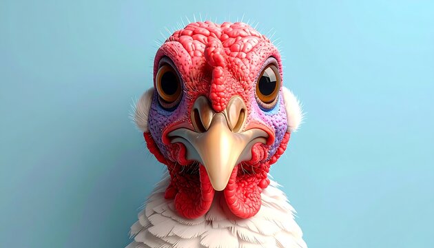 Close-up portrait of a turkey with a blue background. - Powered by Adobe