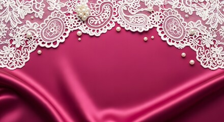 Elegant burgundy silk with delicate white lace and pearl embellishments overhead shot