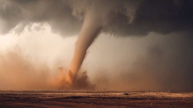 Powerful tornado touches down in rural landscape, causing destruction and chaos, swirling debris and dramatic clouds overhead, nature's fury unleashed, stormy weather