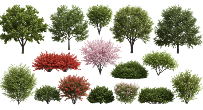 Hyperdetailed 3d architectural visualization rendering of diverse botanical assets (oak, pine, birch trees, flowering shrubs, ground cover) in a grid array, isolated on a transparent background.
