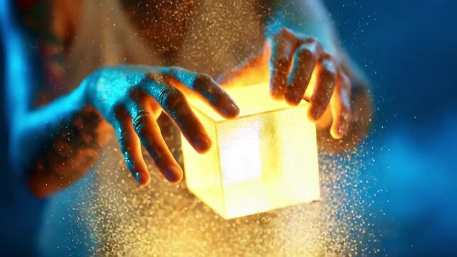 A captivating depiction of hands gently manipulating a glowing cube illuminated with ethereal golden sparkles, embodying a sense of wonder and mystery in a surreal atmosphere.