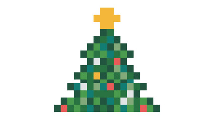 Fototapeta premium Pixelated Holiday Cheer: A festive pixelated Christmas tree stands tall, adorned with lights and topped with a golden star, embodying the spirit of the season.
