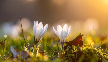 Two white crocus flowers blooming in a spring meadow.