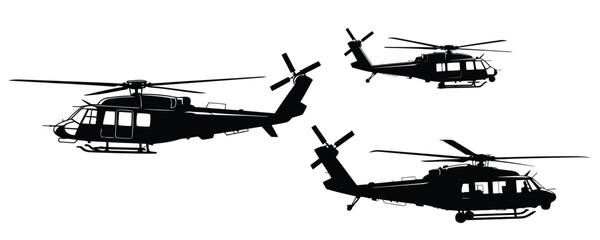 Three Helicopter Silhouettes (Military or Transport), Set of Black Hawk Style Helicopters, Emergency or Rescue Helicopter Vector, Military Aircraft Collection, silhouette, illustration, vector. © naeem