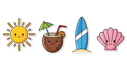 Cute Summer Icons Sun, Coconut Drink, Surfboard, and Seashell for Beach Designs and Vacation Themes