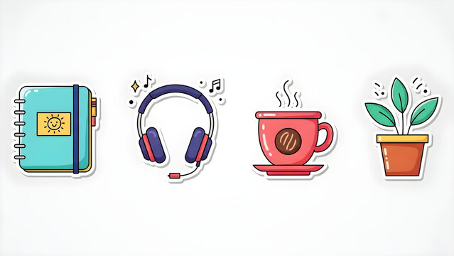 Cozy Morning Digital Planner, Headphones, Coffee, and Houseplant Stickers