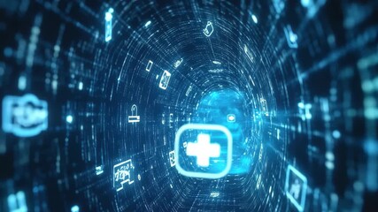 Medical icons illustrate digital transformation in healthcare through a blue technological tunnel, medical icons over blue digital tunnel - Powered by Adobe
