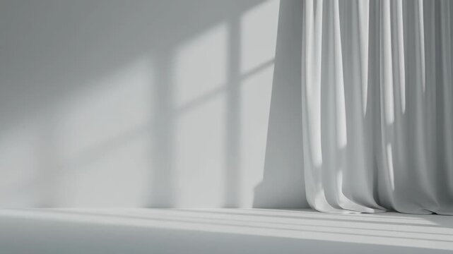 Bright white interior room with sunlight streaming through window casting shadows on blank wall and rippled curtain providing backdrop