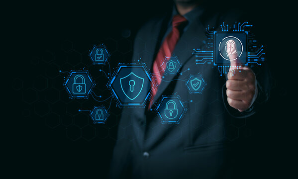 Businessman scanning thumb fingerprint on digital interface for biometric security access. Concept of cyber identity verification, network safety and electronic data protection.