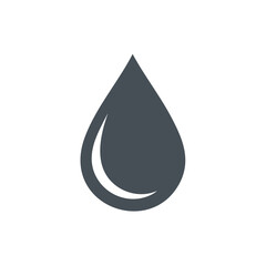 Simple dark blue water drop icon highlighting surface tension and fluid dynamics against stark white background