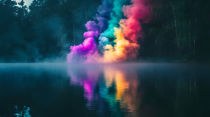 Naklejka premium Vibrant rainbow smoke billows across tranquil lake, a stunning display of nature's artistry and colorful serenity reflecting in calm waters