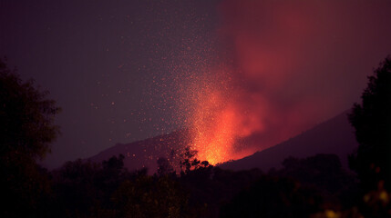 capitulating. Volcanic eruption launching rocks into a dark red sky, dramatic natural scene. travel magazines, destination branding, designed for travel destination branding, used by store managers.
