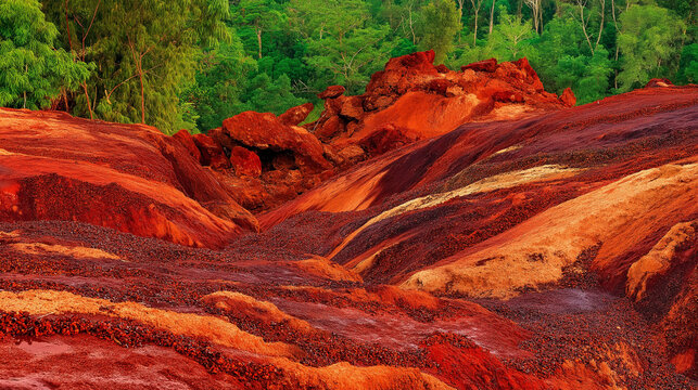 bauxite. Exposed bauxite layers in tropical red soil under natural sunlight. safety posters, maintenance manuals, designed for precision metalworking and fabrication facilities, improves efficiency.
