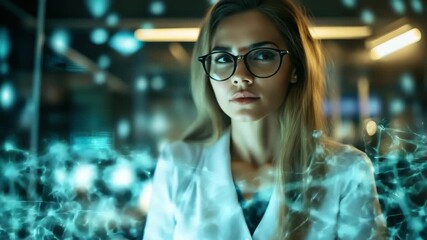 Network connections explored by thoughtful female scientist in a modern laboratory setup, network of connections over caucasian female scientist working in lab - Powered by Adobe