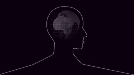 Neon human head silhouette with world map inside brain. Time management, pressure, deadlines, and thinking concept on black background. - Powered by Adobe