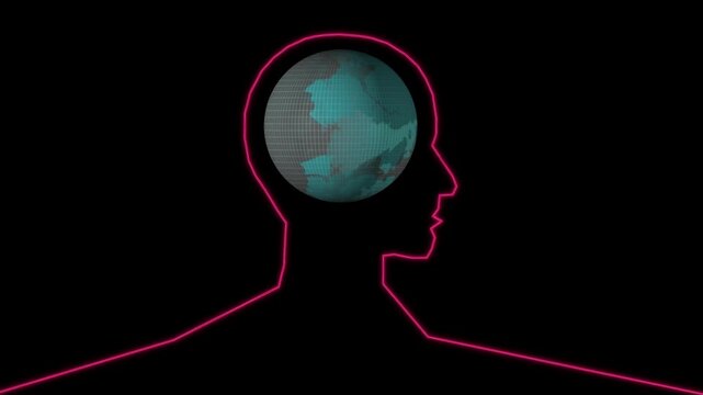 Neon human head silhouette with world map inside brain. Time management, pressure, deadlines, and thinking concept on black background.