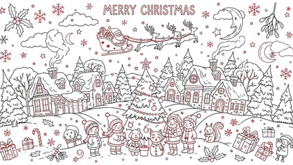 Obraz premium Highly detailed Christmas doodle vector in fine line art style, filled with festive elements and decorative holiday icons.
