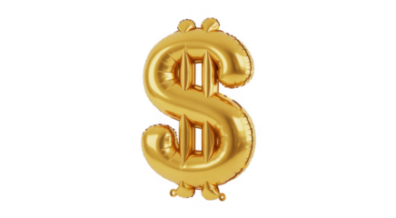 Shiny golden dollar sign balloon with realistic reflections and highlights isolated on a transparent background