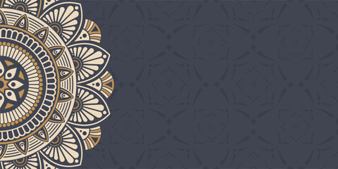 Horizontal color vector mandala banner. Decorative flower mandala background with place for text. Colorful abstract graphics. Arabic, islamic east style. Vector color illustration.