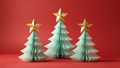Obraz premium Three stylized paper evergreen decorations crowned with golden stars rest against a deep red background
