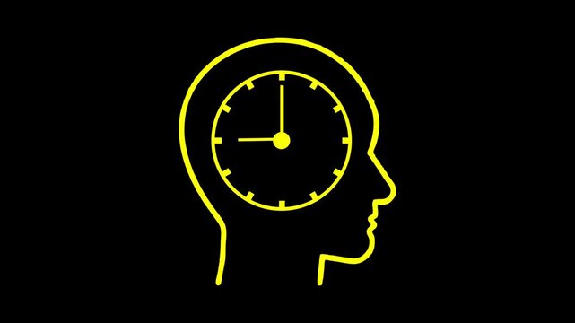 Neon human head silhouette with clock inside brain. Time management, pressure, deadlines, and thinking concept on black background.