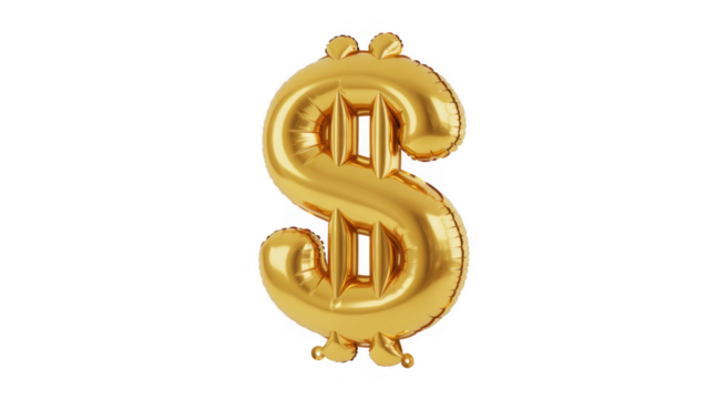Shiny golden dollar sign balloon with realistic reflections and highlights isolated on a transparent background