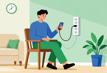 A person in a blue shirt and green pants seated, uses a phone plugged into an outlet