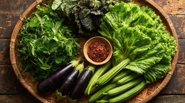 Fresh Green Vegetables and Spices on a Rustic Wooden Table in a Detailed Display of Organic Produce in an Artistic Arrangement