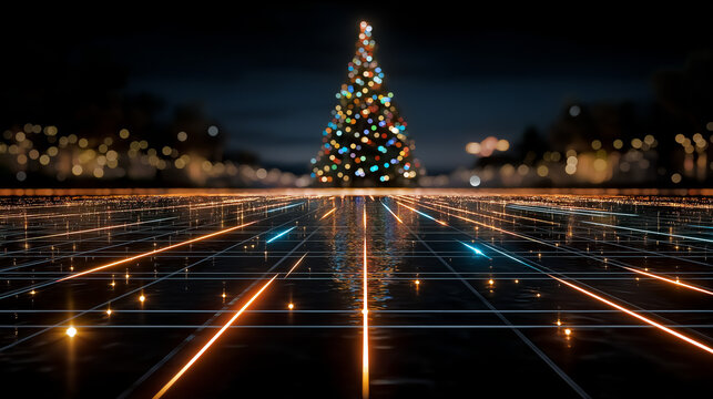 Christmas Tree Festive: A captivating digital display of a festively illuminated Christmas tree, shimmering with colorful lights. The radiant scene evokes warmth and holiday cheer.