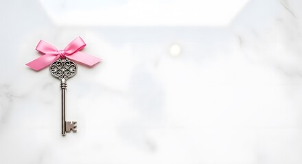 Vintage key adorned with pink ribbon on a white marble surface